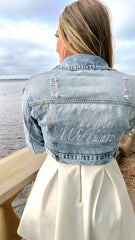 Embroidered Last Name Flap Pocket Cropped Denim Jacket