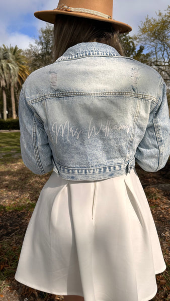 Personalized Flap Pocket Cropped Denim Jacket: Customized Wedding