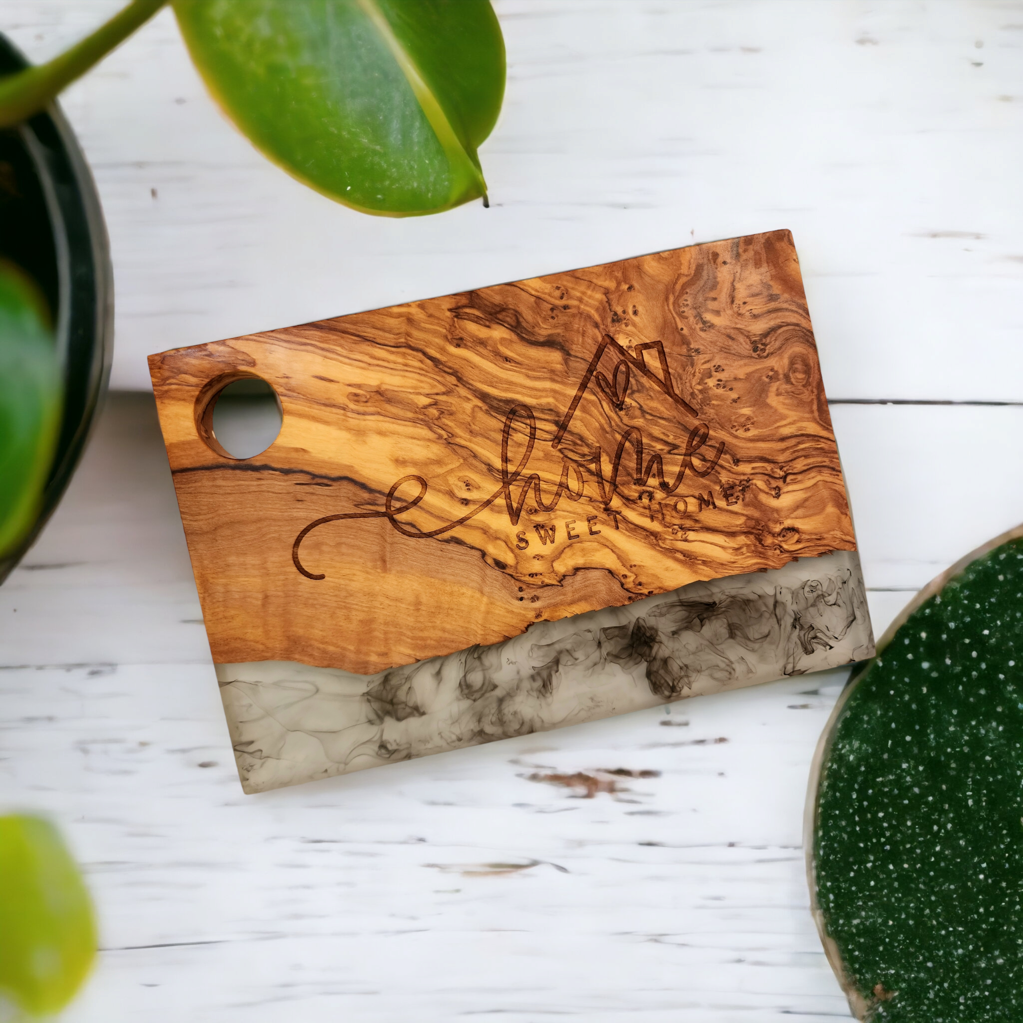 Home Sweet Home Olive Wood and White Resin Serving/Charcuterie Board