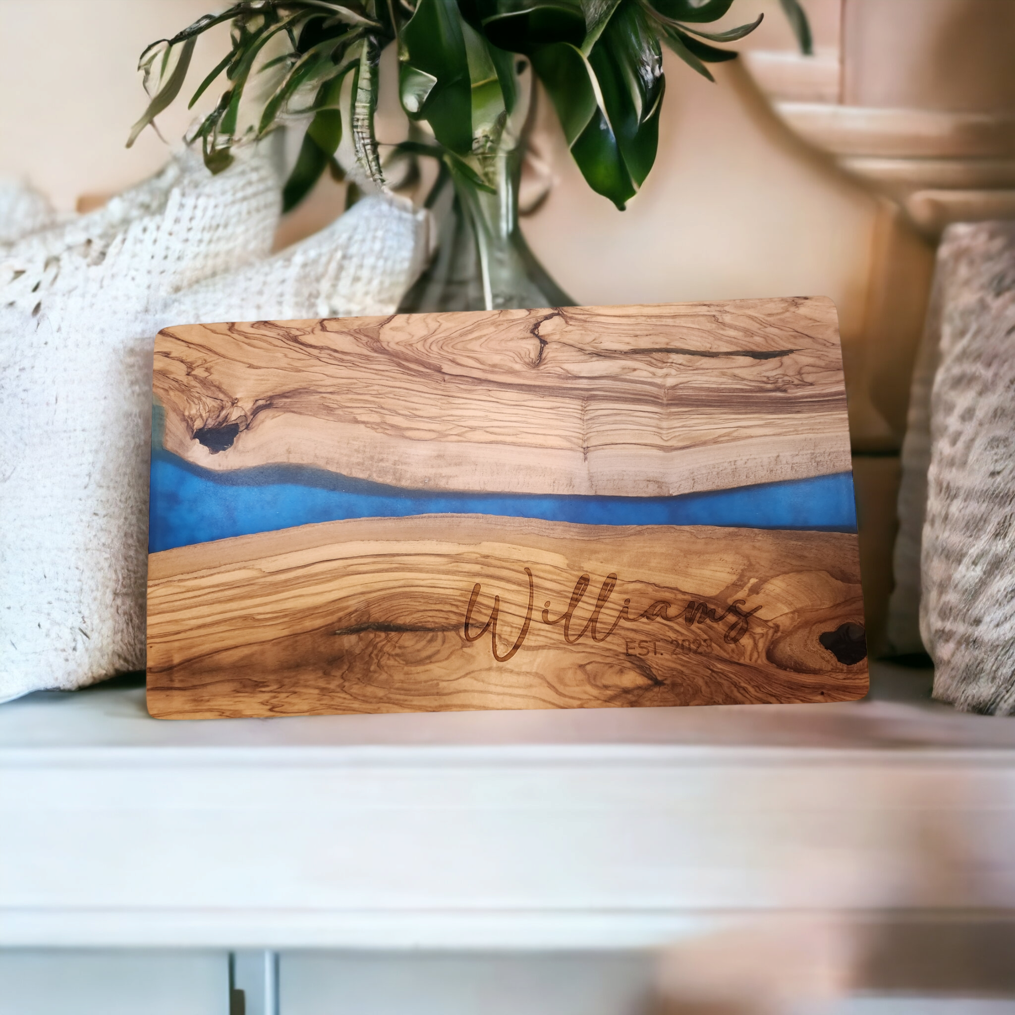 Customized Name and Date Olive Wood and Blue Resin Serving/Charcuterie Board