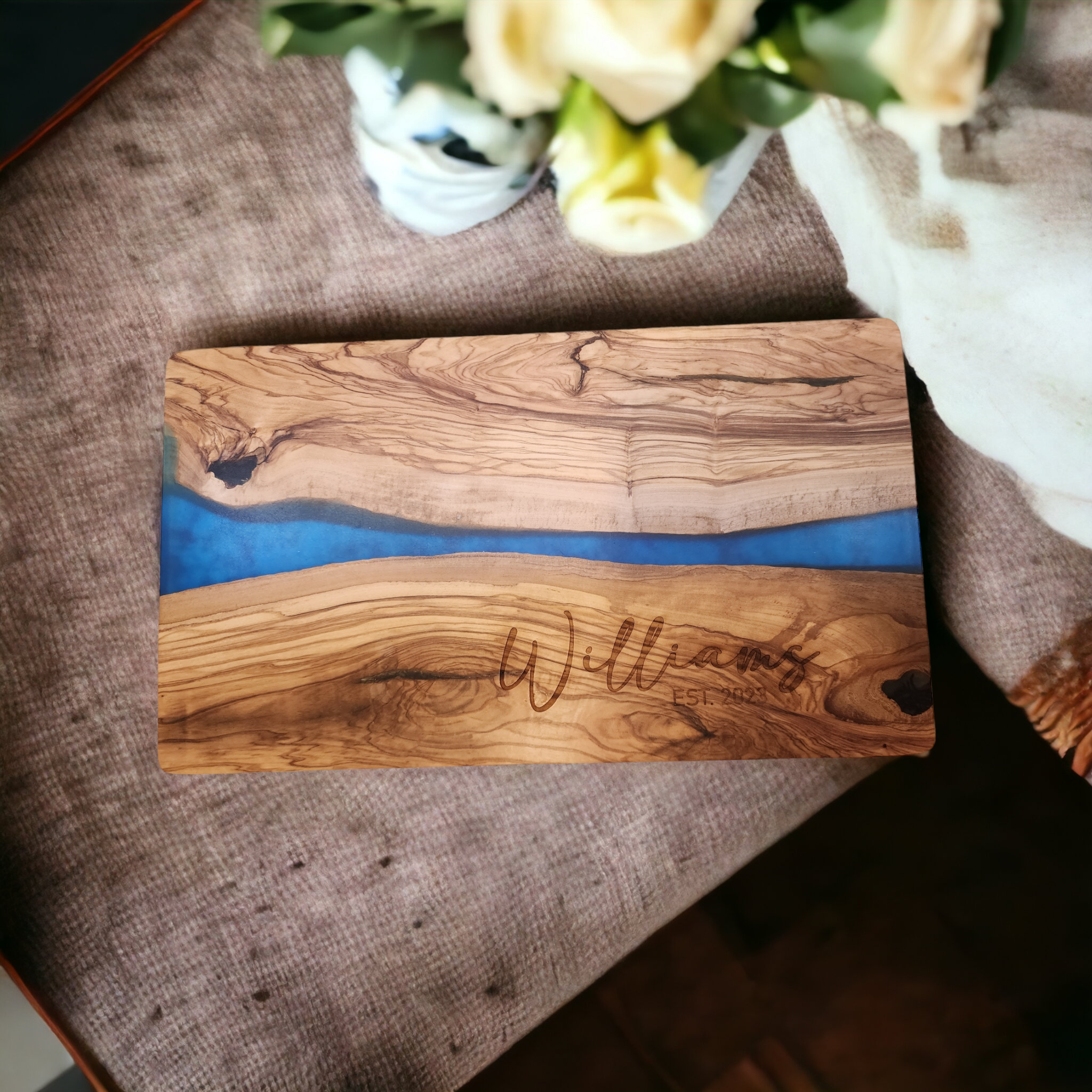 Customized Name and Date Olive Wood and Blue Resin Serving/Charcuterie Board