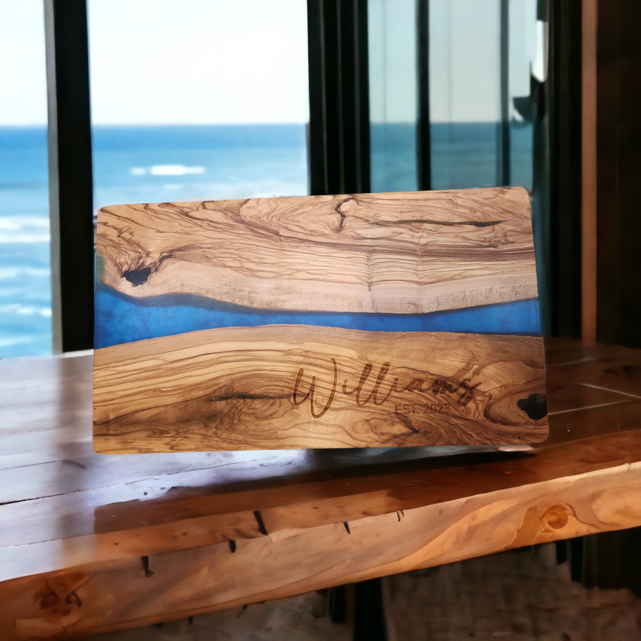 Customized Name and Date Olive Wood and Blue Resin Serving/Charcuterie Board