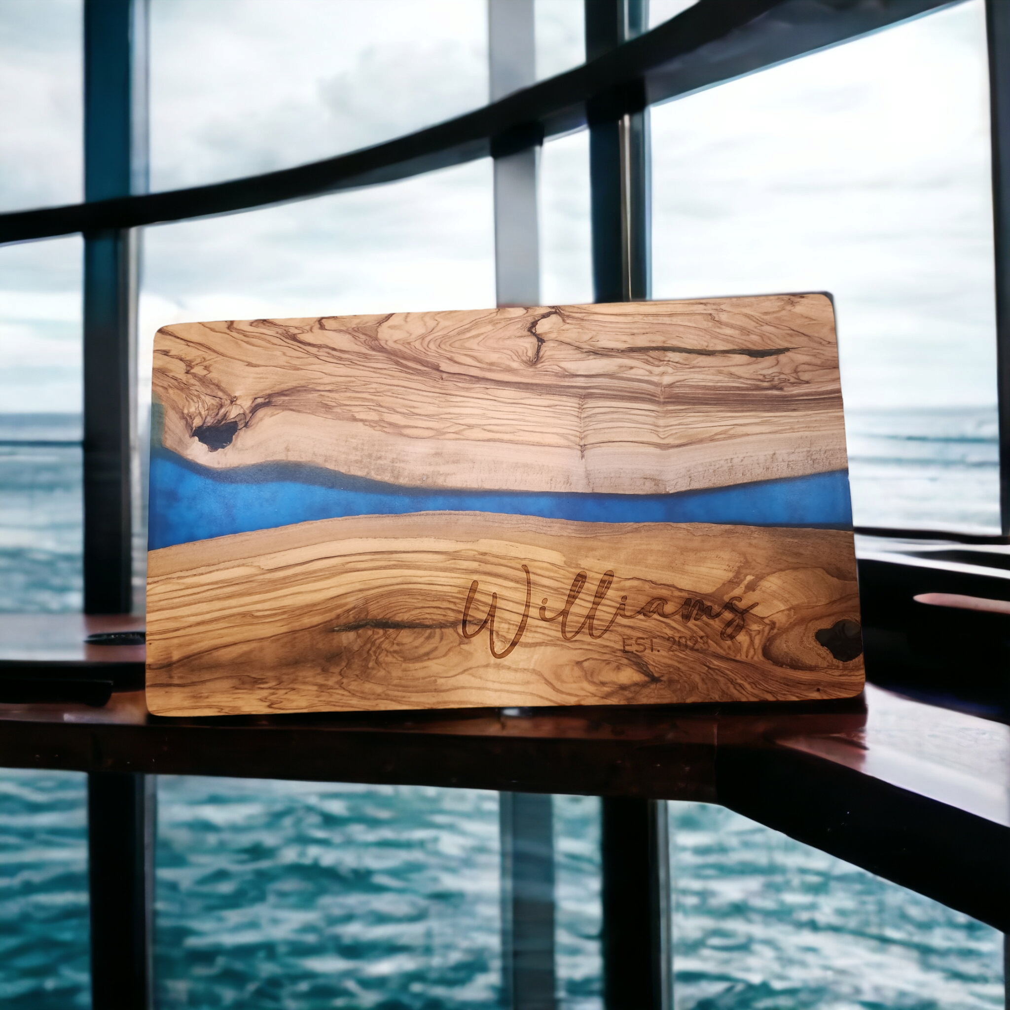 Customized Name and Date Olive Wood and Blue Resin Serving/Charcuterie Board