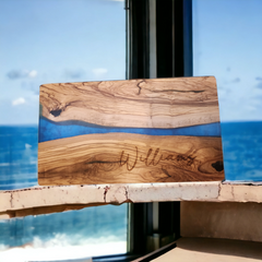 Customized Name and Date Olive Wood and Blue Resin Serving/Charcuterie Board