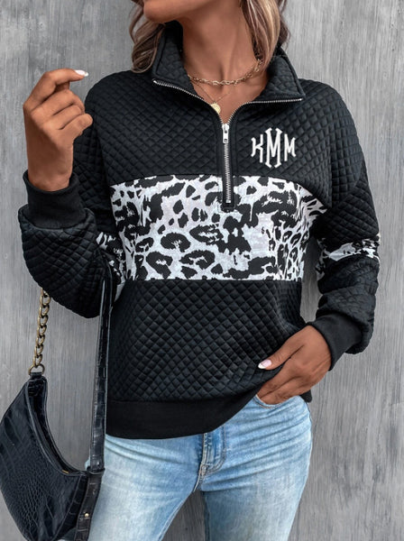 Leopard Print Monogram Embroidered Crew Neck Sweatshirt