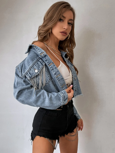 Faux Fur 2024 Crop Jacket with rhinestone fringe