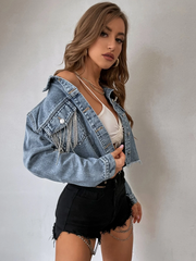 Personalized Rhinestone Fringe Crop Denim Jacket