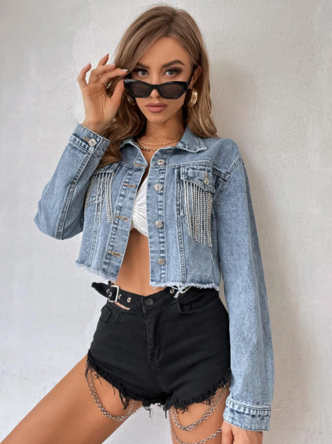 Personalized Rhinestone Fringe Crop Denim Jacket