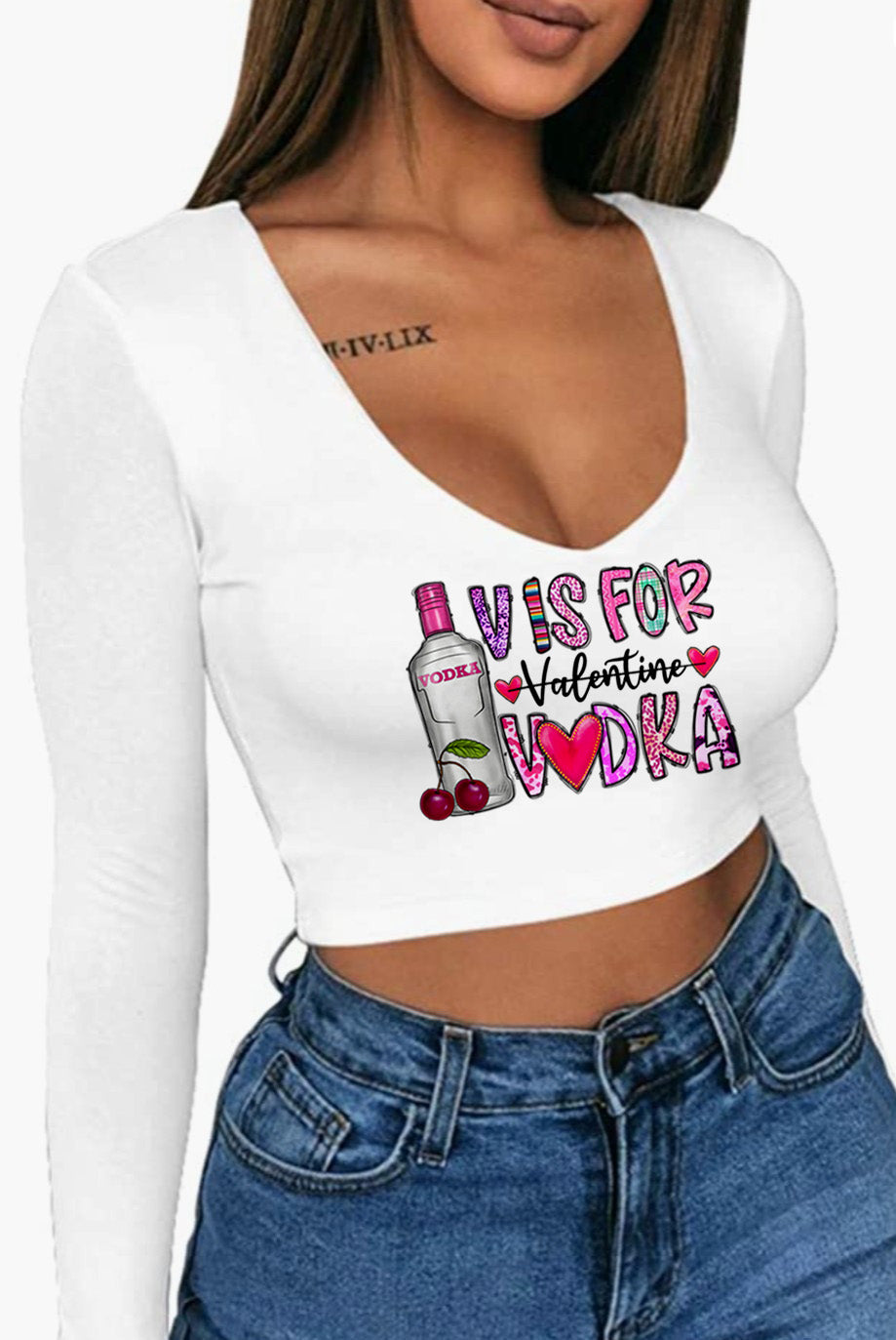V is for Vodka Valentine's Day Cropped Long Sleeve Shirt
