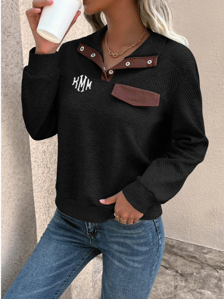 Black Monogrammed Chest Quarter Button Flap Detail Sweatshirt: Custom  Embroidered Sweatshirts – LuLu Grace