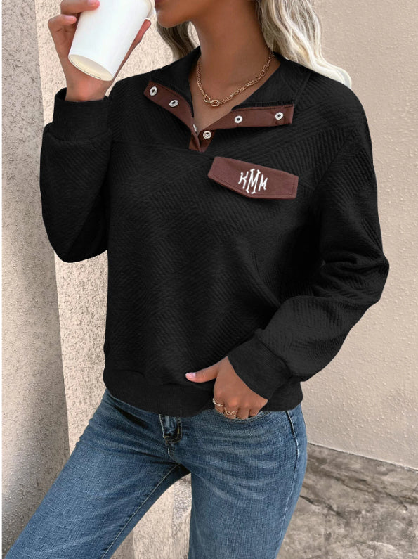 Black Monogrammed Pocket Quarter Button Flap Detail Sweatshirt