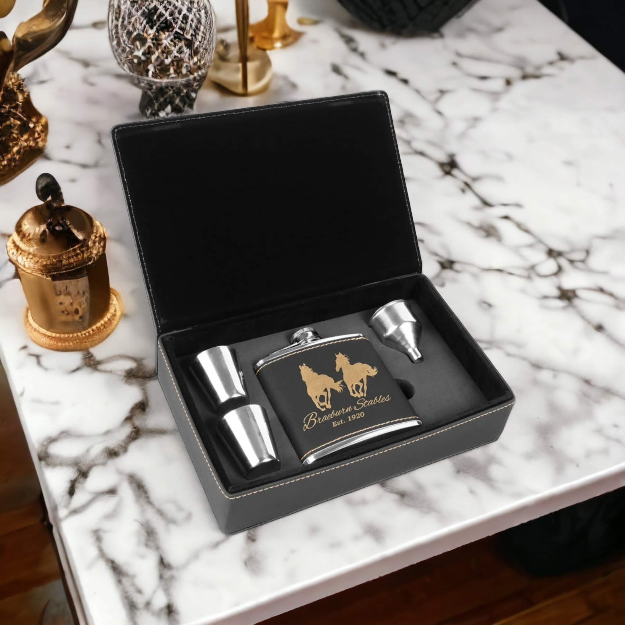 Custom Laser Engraved Leather Flask Set w/ Gift Box