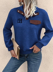 Blue Monogrammed Chest Quarter Button Flap Detail Sweatshirt