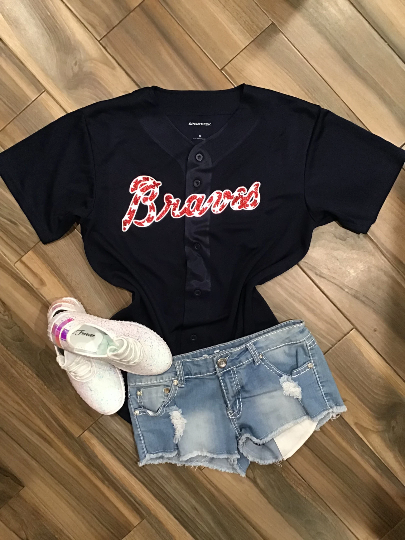 Lulu Grace Designs Atlanta Braves Inspired Pink Glitter Top: Baseball Fan Gear & Apparel for Women M / Unisex Button Down Jersey