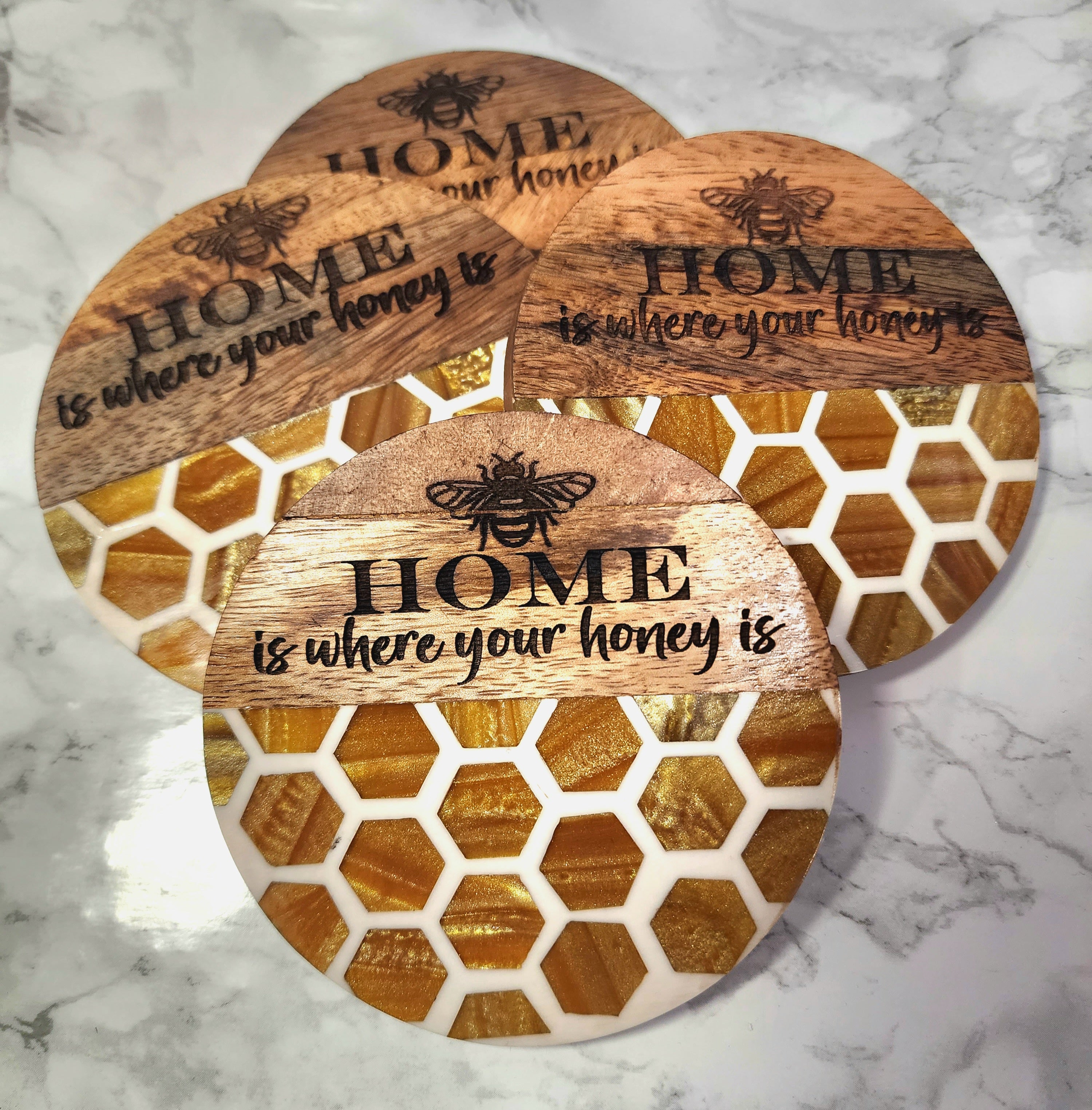 "Home Is Where Your Honey Is" Resin and Wood Coasters Set