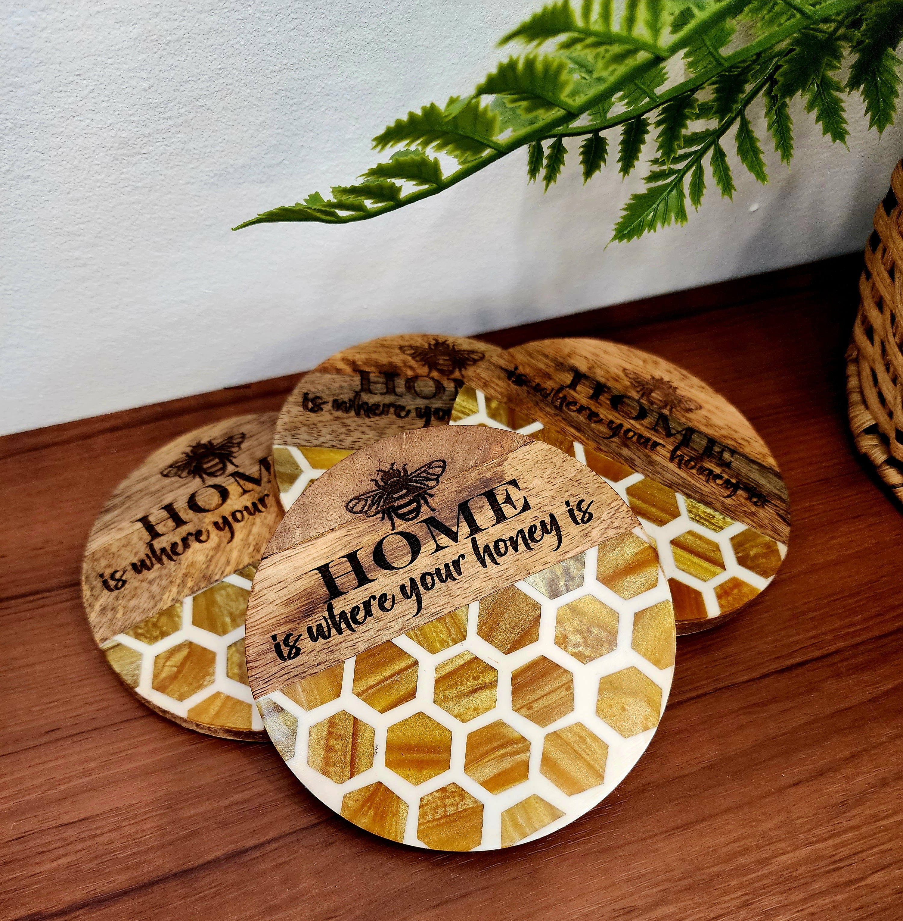 "Home Is Where Your Honey Is" Resin and Wood Coasters Set
