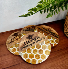 "Home Is Where Your Honey Is" Resin and Wood Coasters Set