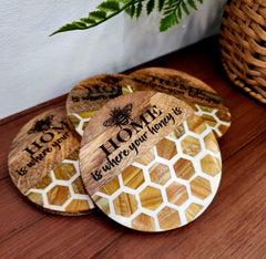 "Home Is Where Your Honey Is" Resin and Wood Coasters Set
