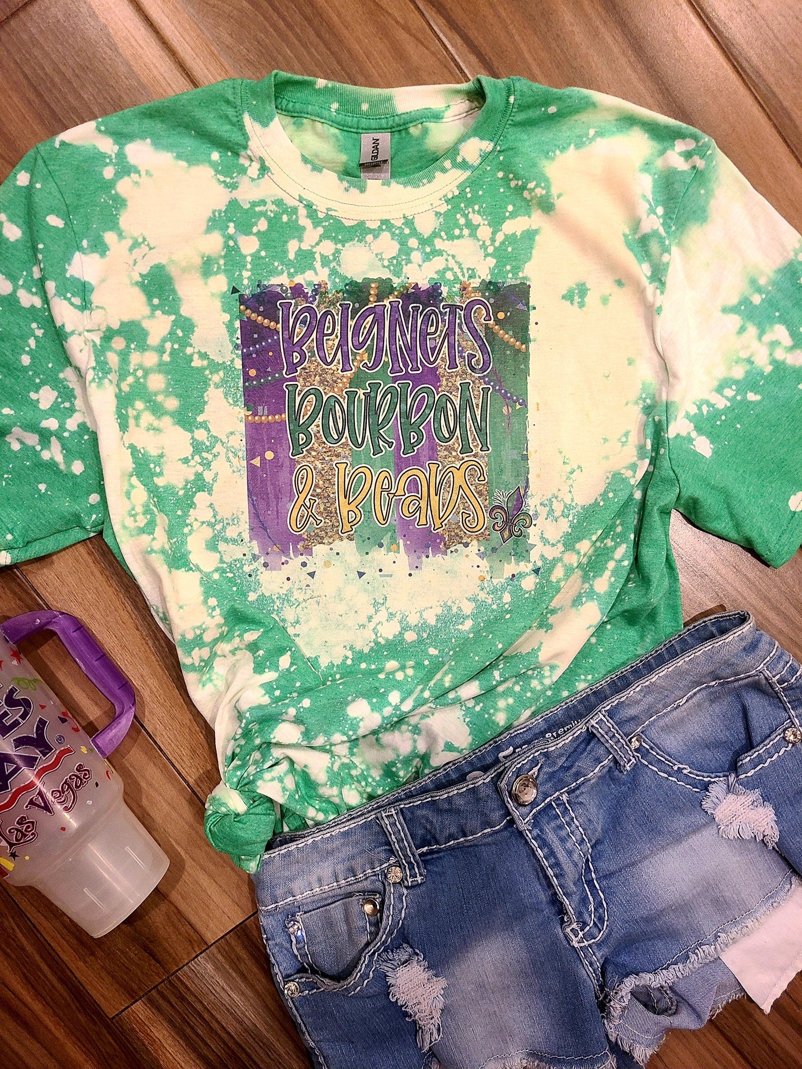 Mardi Gras Beignets Bourbon and Beads Bleached Tee