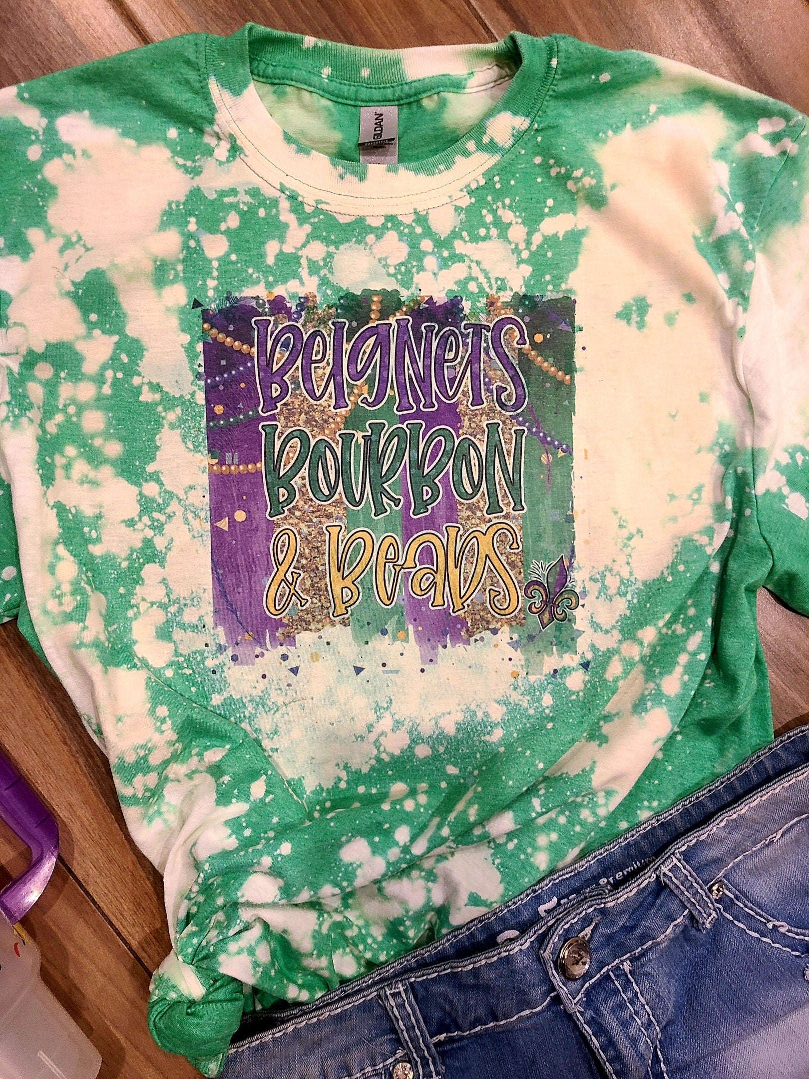 Mardi Gras Beignets Bourbon and Beads Bleached Tee