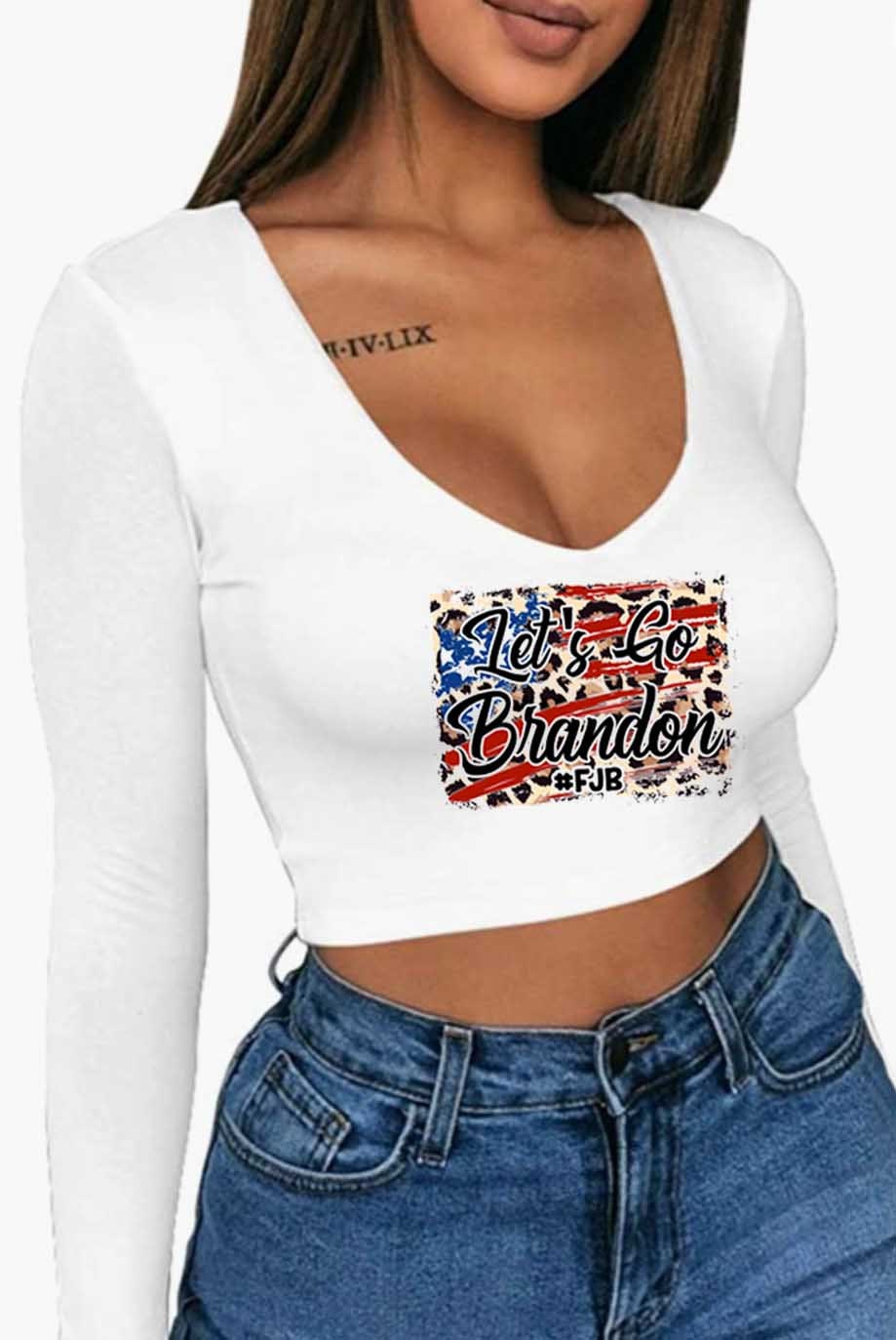 Let’s Go Brandon Leopard Print Long Sleeve Crop Top