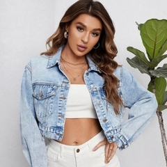 Personalized Flap Pocket Cropped Denim Jacket