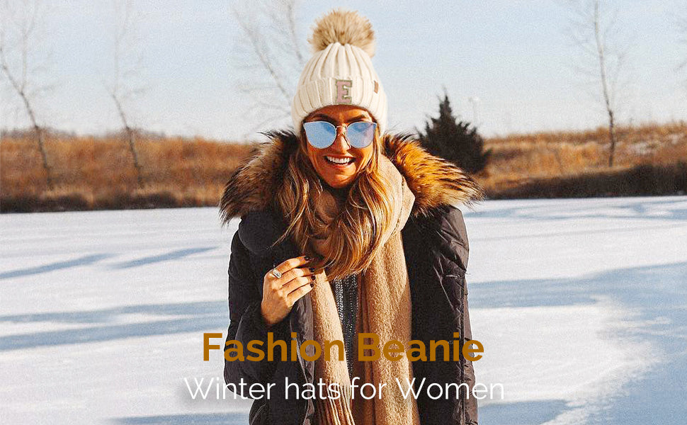 Chenille Letter Patch Beanie with Removable Faux Fur Pom