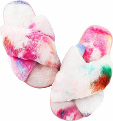 Women's Fuzzy Memory Foam Letter Patch Slippers