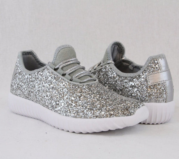 Silver Glitter Glam Sneakers Lightweight Women s Girl s Fashion