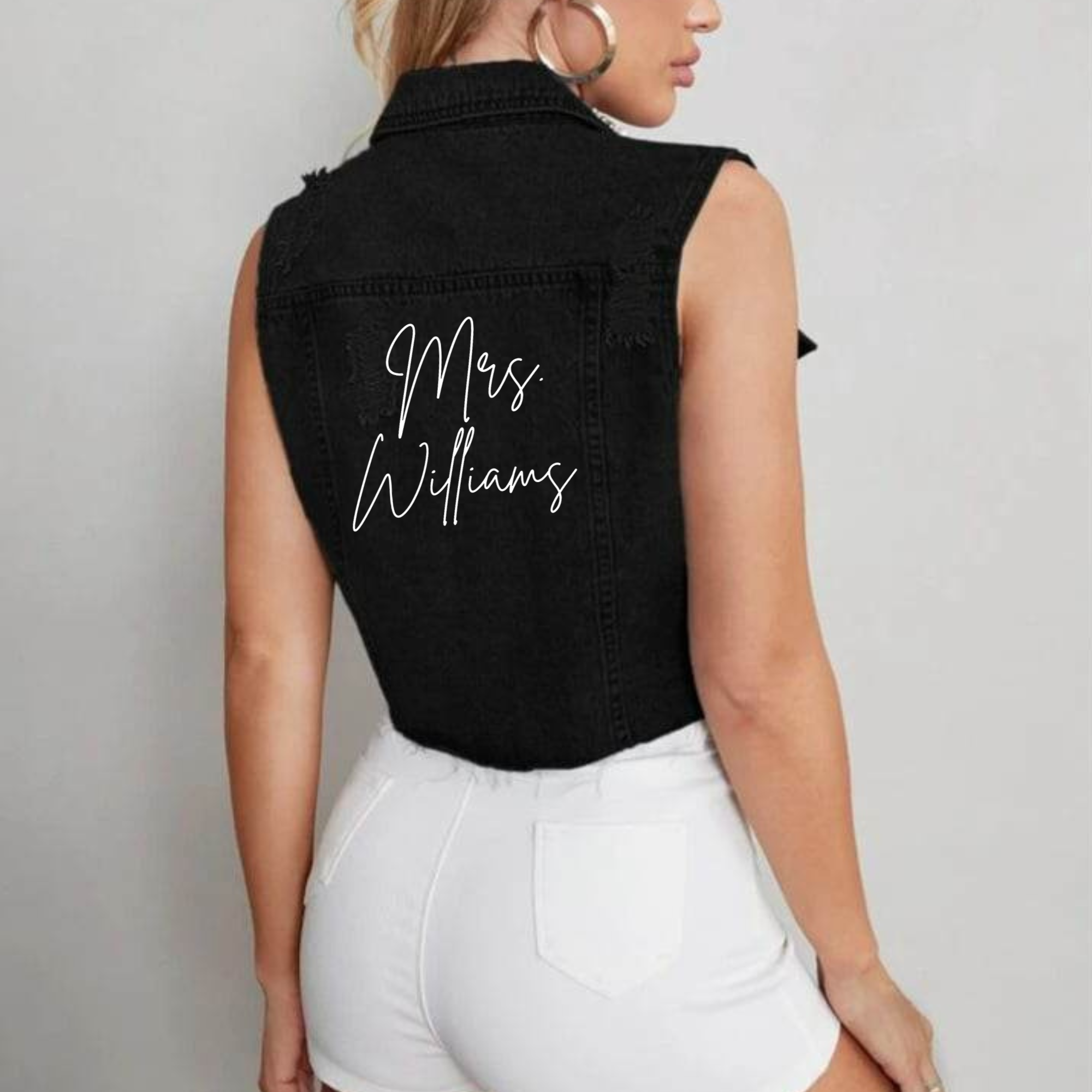 Personalized Pearl Beaded Black Cropped Denim Vest