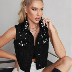 Personalized Pearl Beaded Black Cropped Denim Vest