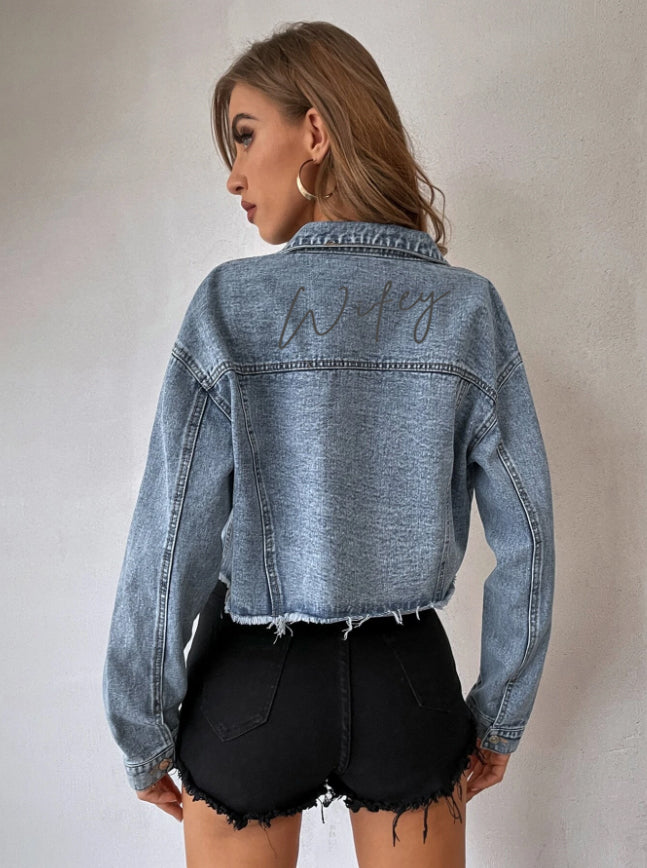 Personalized Rhinestone Fringe Crop Denim Jacket