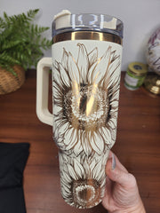 40 oz Sunflower Cream and Copper Laser Engraved Travel Tumblers with Handle