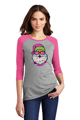 Santa with Heart Sunglasses Glitter Raglan Tee