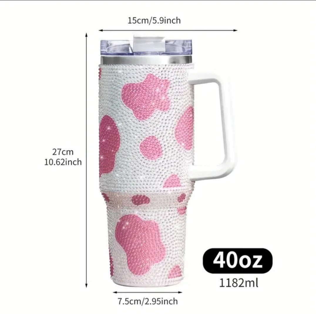 40oz Glitter Coffee Mug Women's Luxury With Handle Cow Print Diamond  Tumbler Stainless Steel Water Bottle Travel Insulated Cup