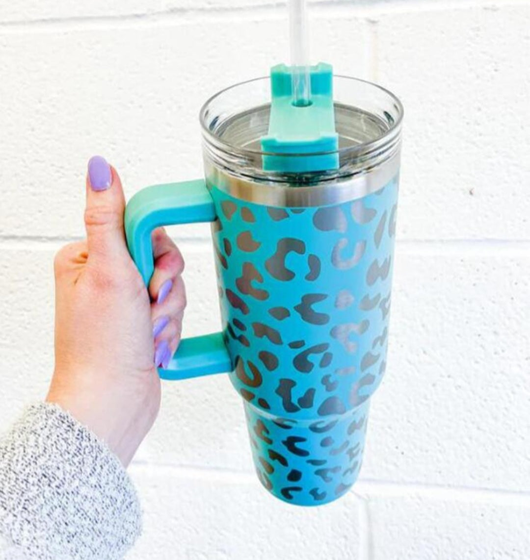 40oz Tie Dye Glitter Leopard Insulated Tumblers With Lids With