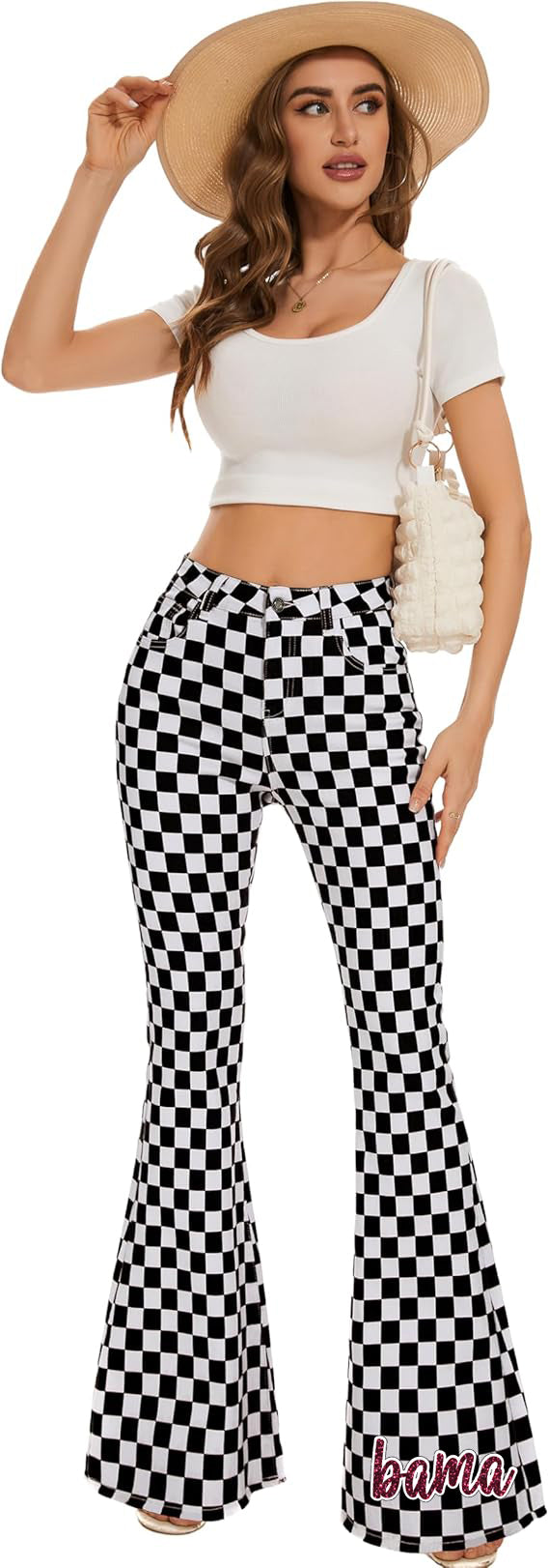 Bama Glitter Checkered Bell Bottom Jeans
