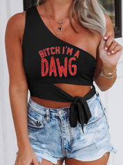 Bitch I'm A Dawg Glitter Georgia Knotted One Shoulder Top