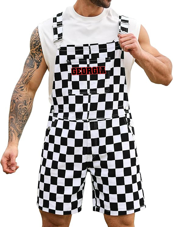 Georgia Men's Checkered Bib Overall Shorts
