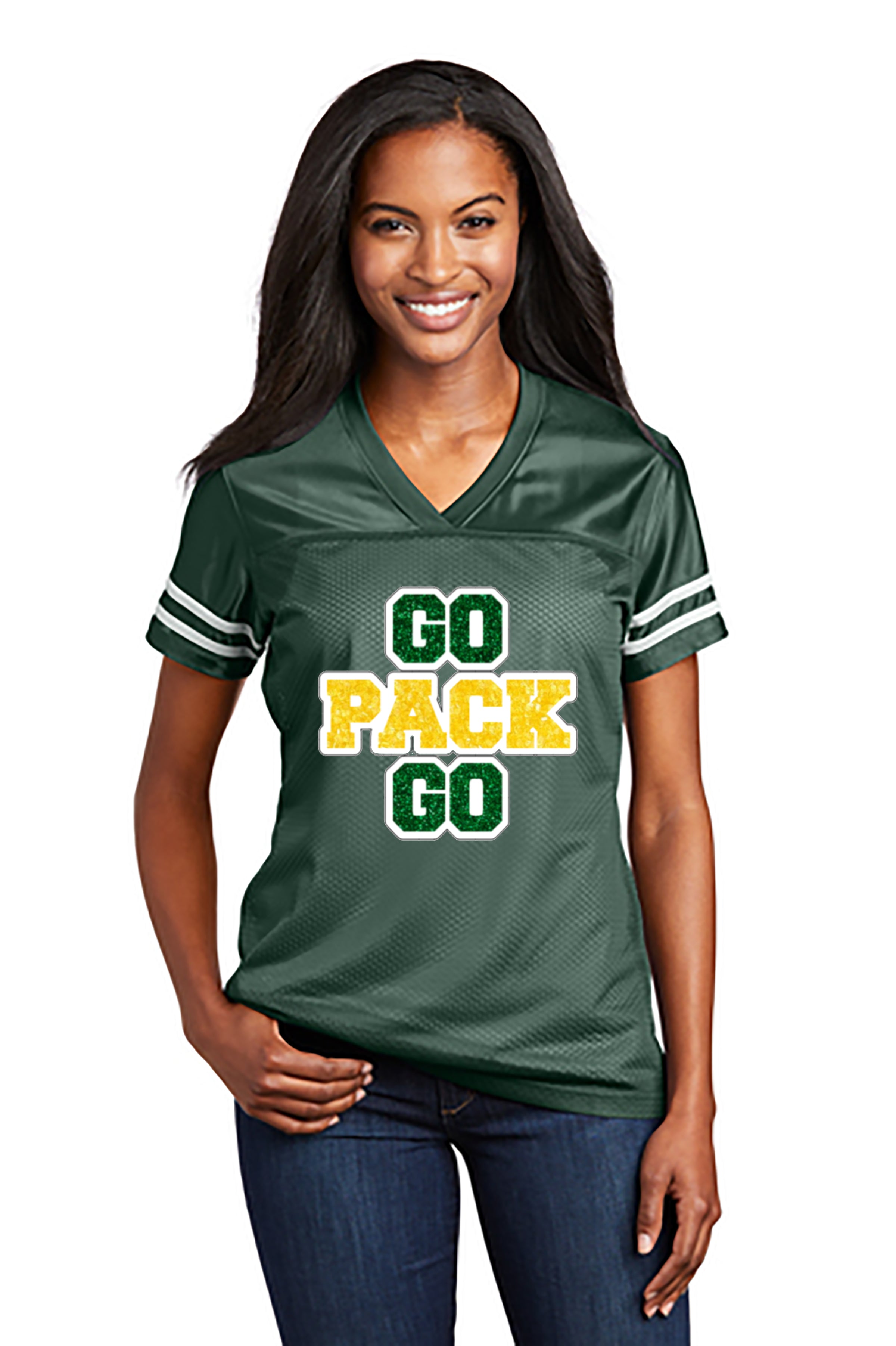 Green Bay Go Pack Go Women's Glitter Jersey: Football Fan Gear & Apparel L Green Bay Go Pack Go Women's Glitter Jersey: Football Fan Gear & Apparel L