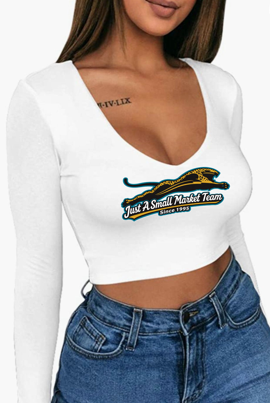 Jaguars Just a Small Market Team Long Sleeve V-Neck Crop Top