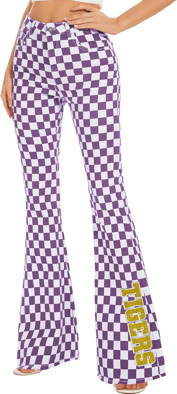 LSU Tigers Glitter Checkered Bell Bottom Jeans
