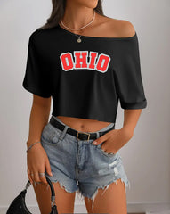 Ohio Varsity Style Off Shoulder Cropped Tee