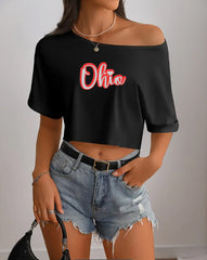 Ohio State Off Shoulder Cropped Tee