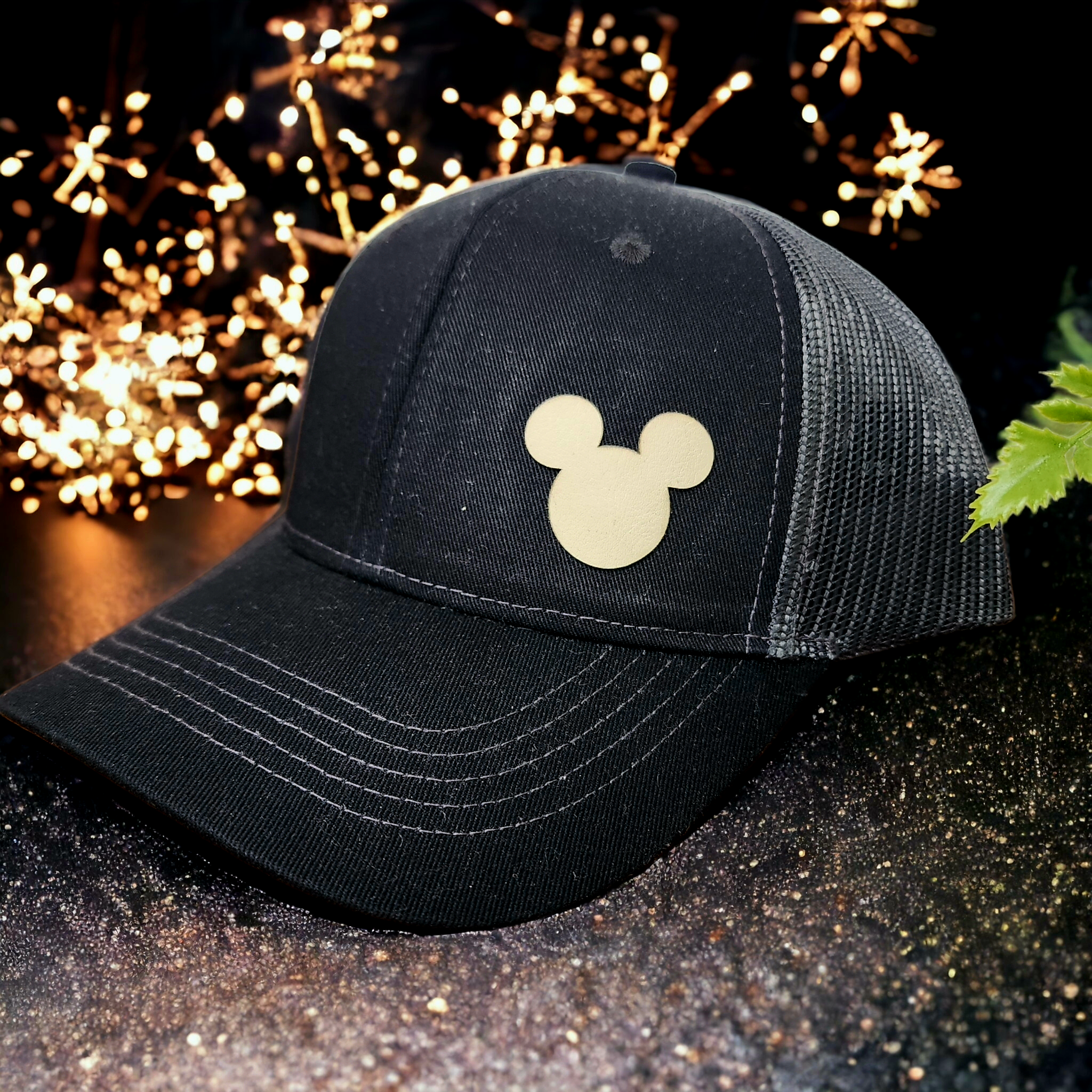 Mickey Leather Patch Hat: Custom Trucker Hats for Adults and Kids Adult / Light Brown / Add Name or Initial Inside Patch