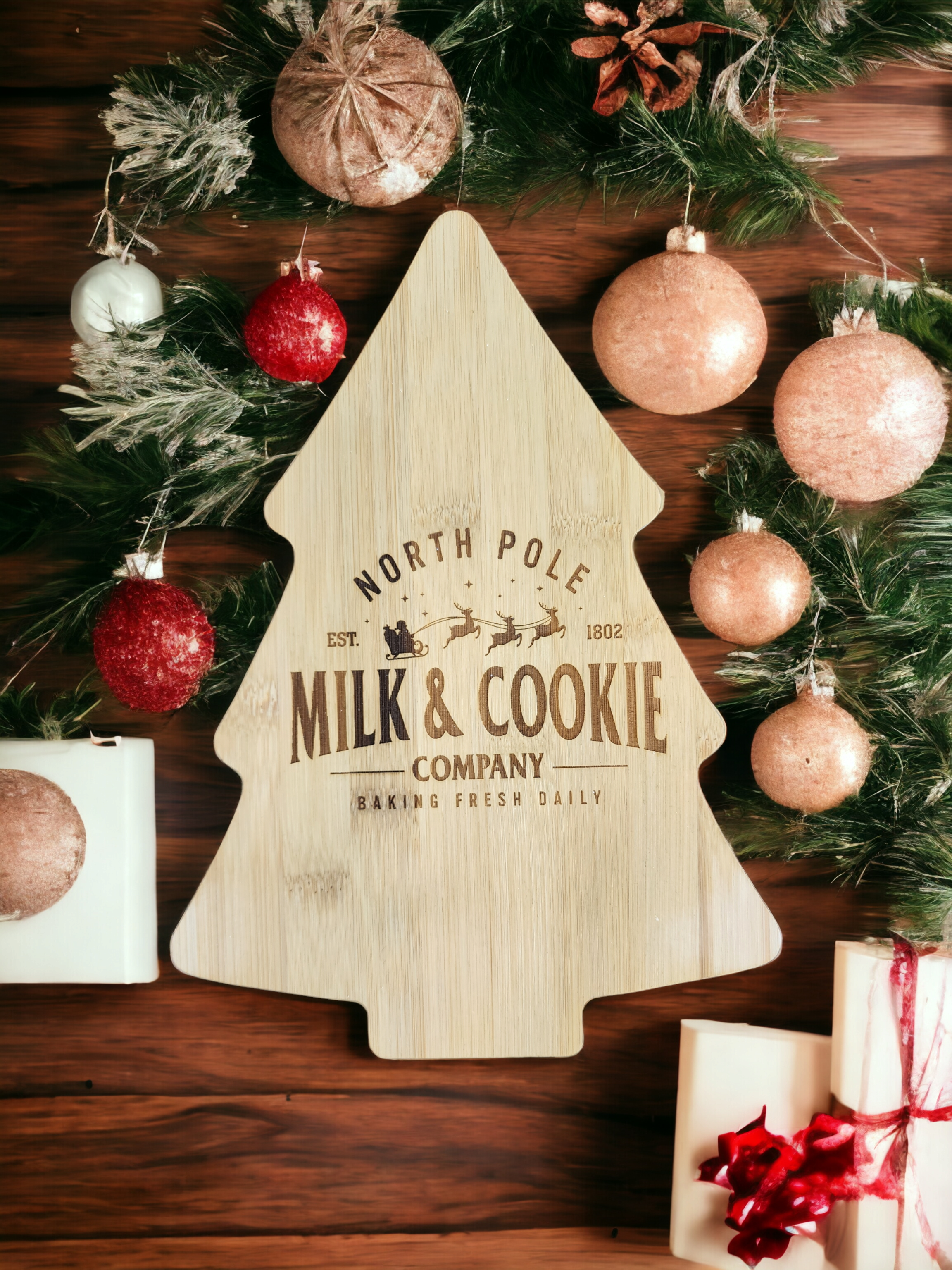 North Pole Milk & Cookies Christmas Bamboo Serving Board
