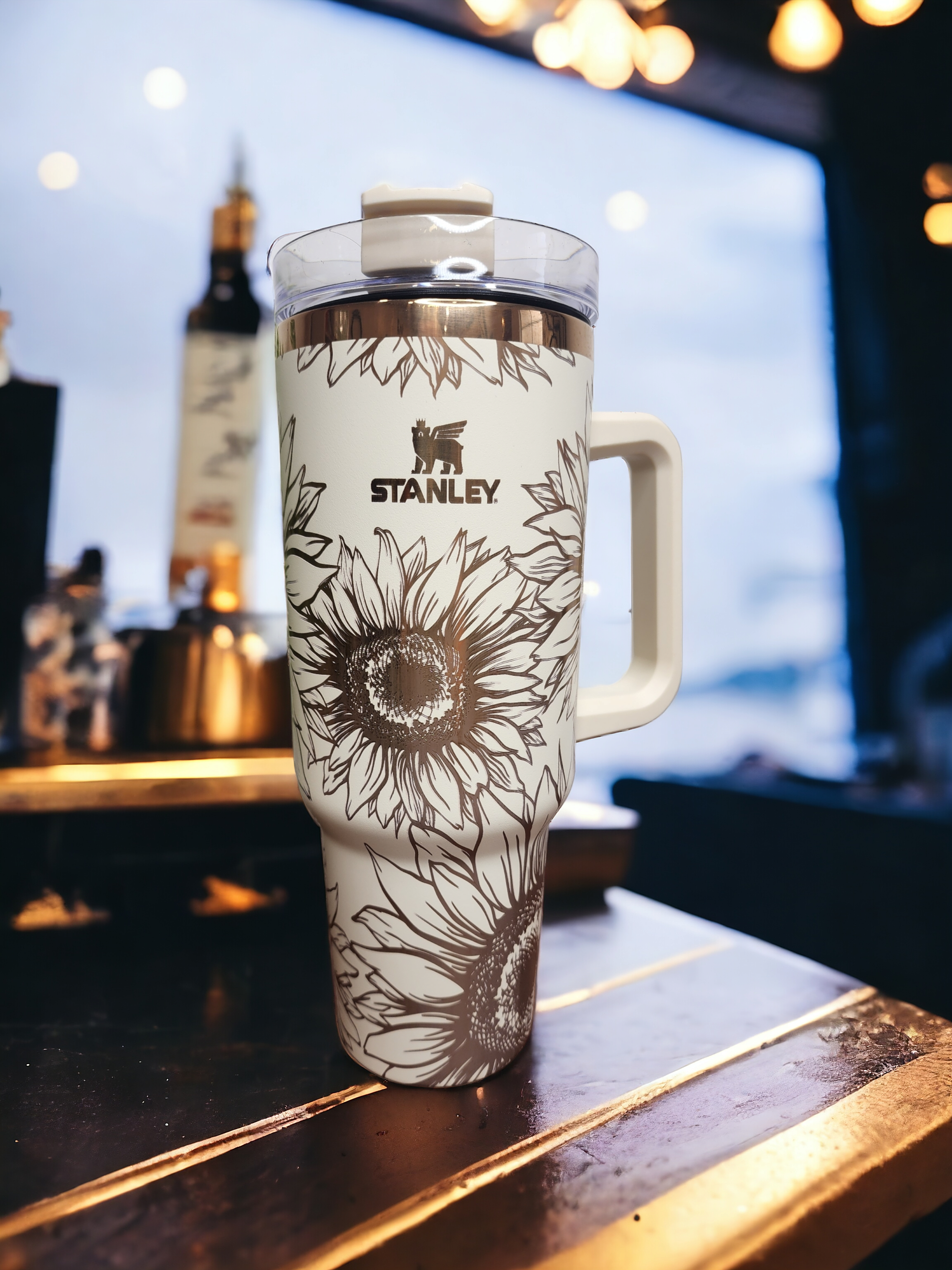 Sunflower Cream & Copper Engraved Stanley Dupe Tumbler 40oz, Quencher Dupe  40oz Tumbler With Handle, Sunflower Engraved Tumbler