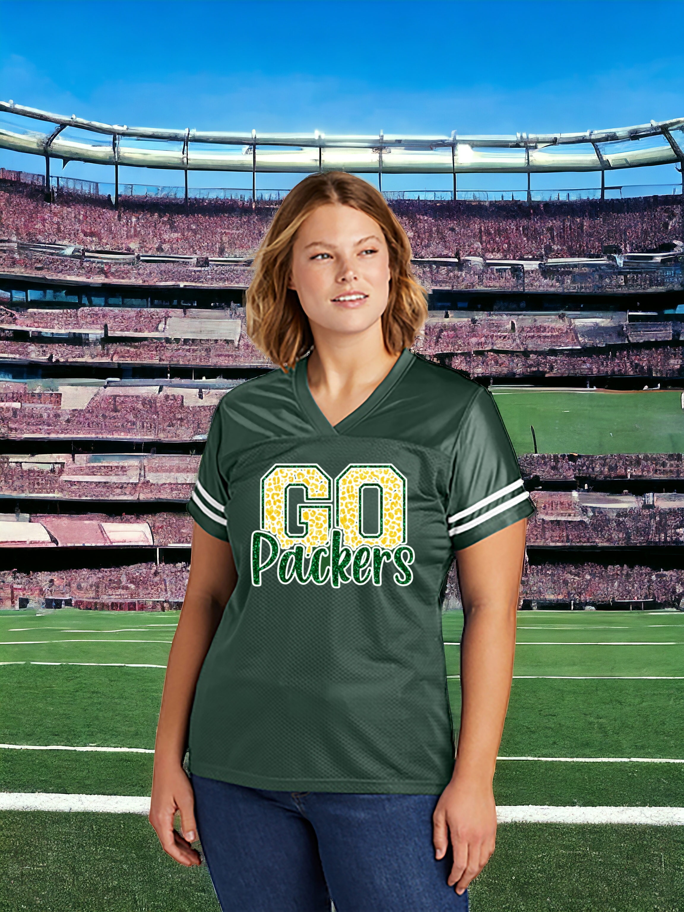 Green Bay Go Packers Women's Glitter Jersey: Football Fan Gear & Apparel M Green Bay Go Packers Women's Glitter Jersey: Football Fan Gear & Apparel M