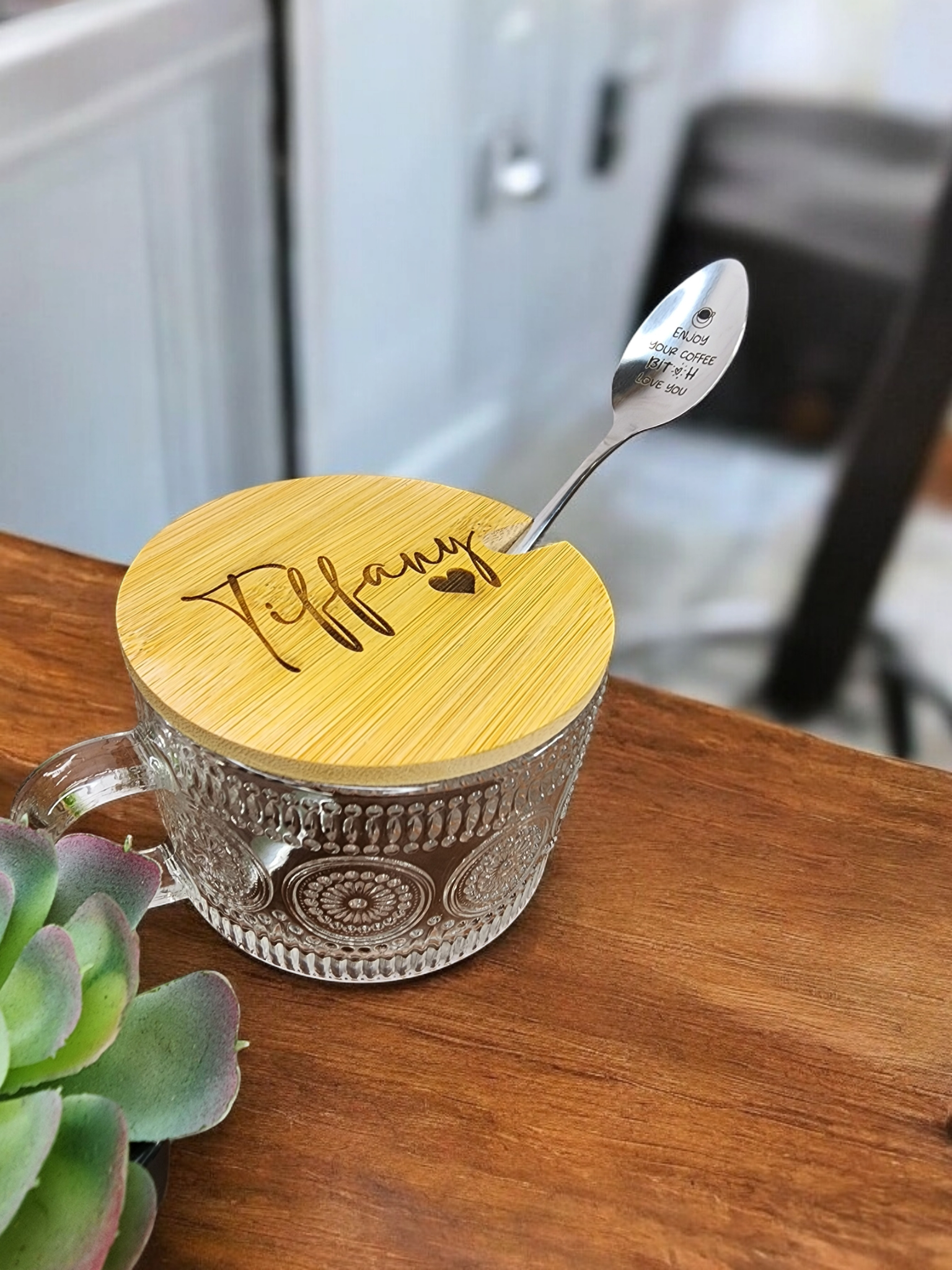 Vintage Laser Engraved Coffee Mug & Spoon