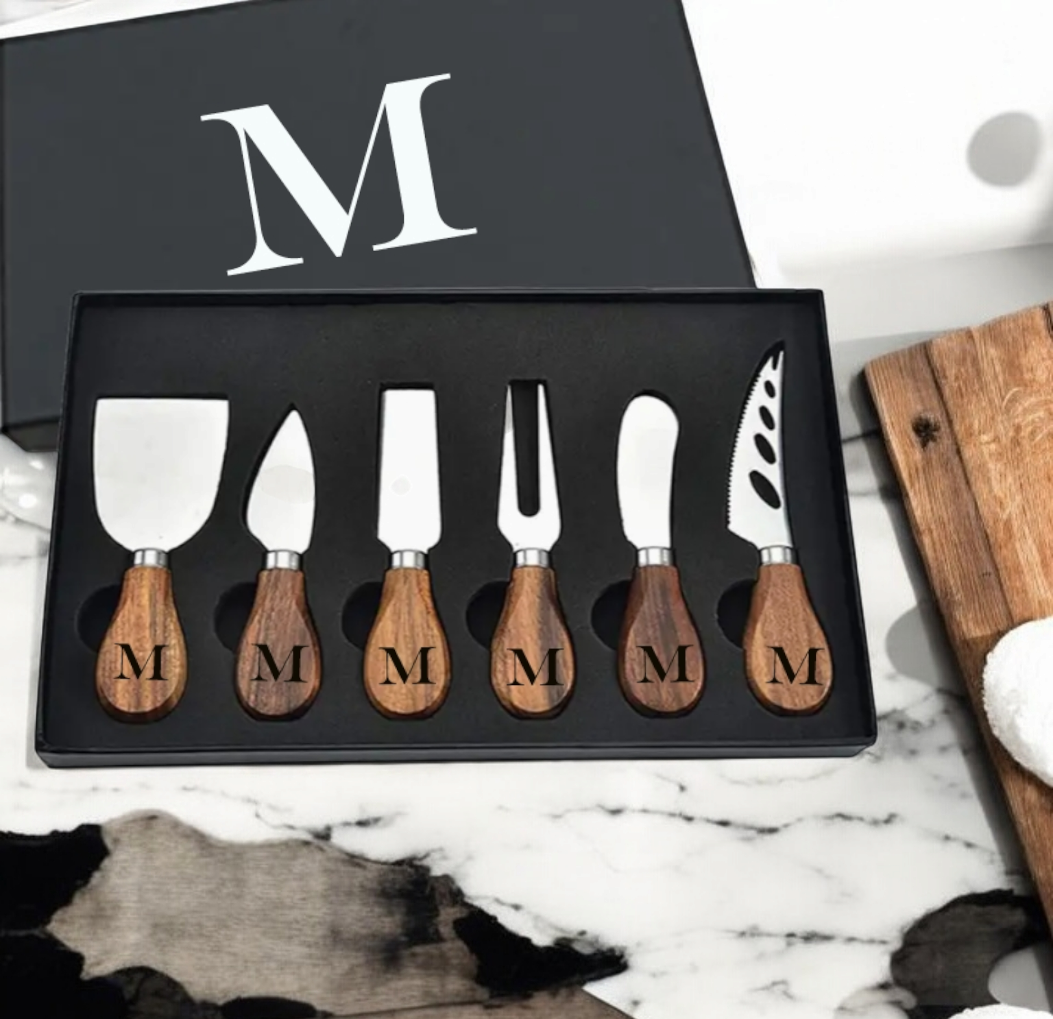 Custom Laser Engraved - Set of 6 - Wooden Charcuterie Knife Set